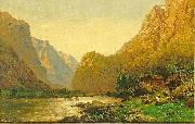 Carl jun. Oesterley Romantische Flusslandschaft mit Personenstaffage an einem prachtvollen Sommertag oil painting on canvas